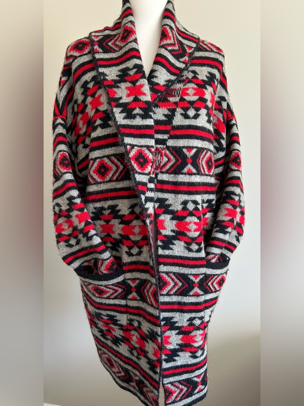 Artisan NY Southwestern Print Shawl Collar Coat in 
Taupe, Red & Black- Like New